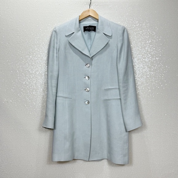 Linda Allard Ellen Tracy 100% Linen Long Blazer Coat Petite 4 Light Blue - Picture 1 of 8